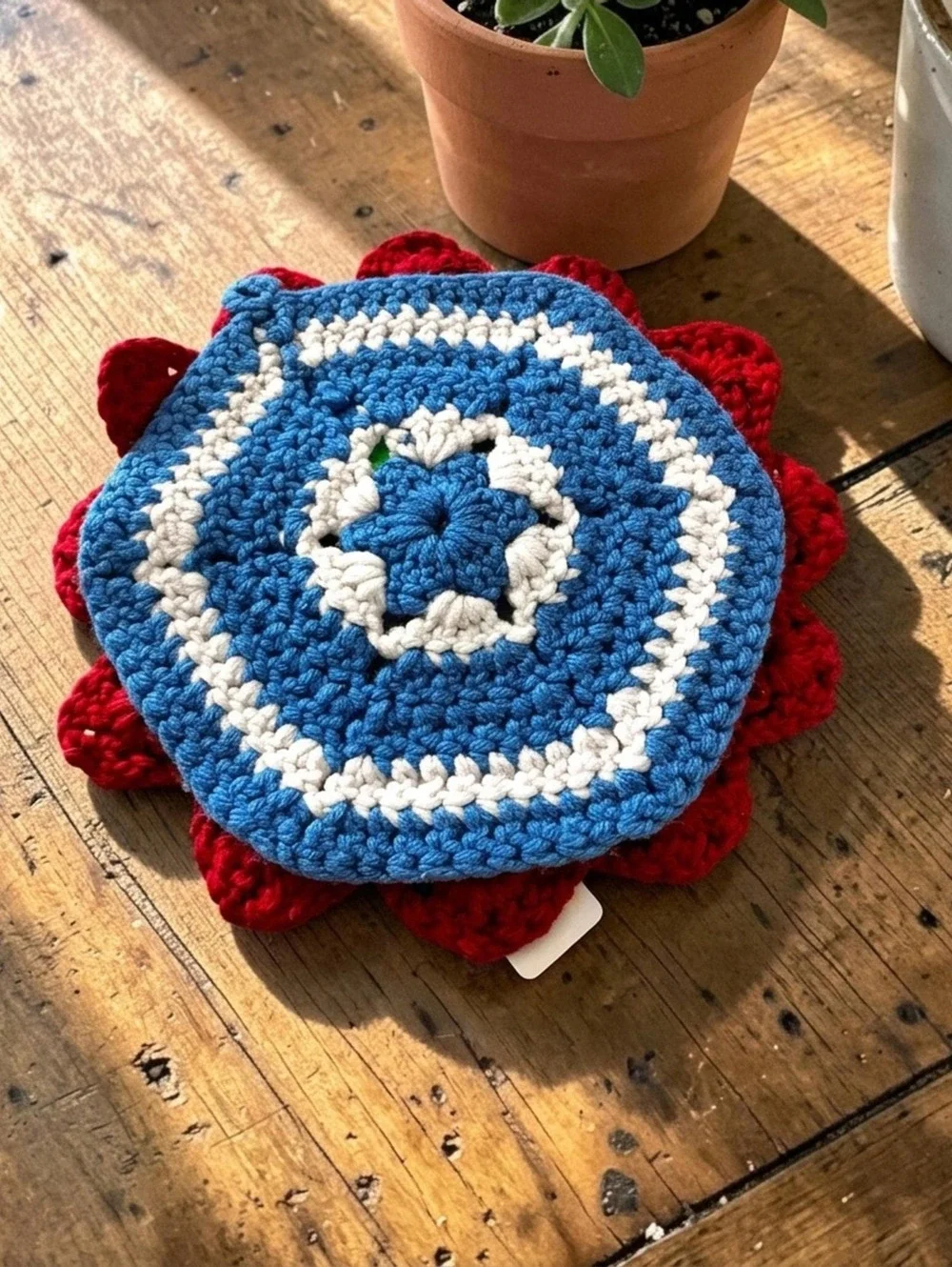 Boho Crochet Doily, Red Cream Turquoise, 10 Inch Table Decor, Retro 1970s Style